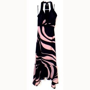 Junior womens black and pink swirl halter top asymmetrical dress